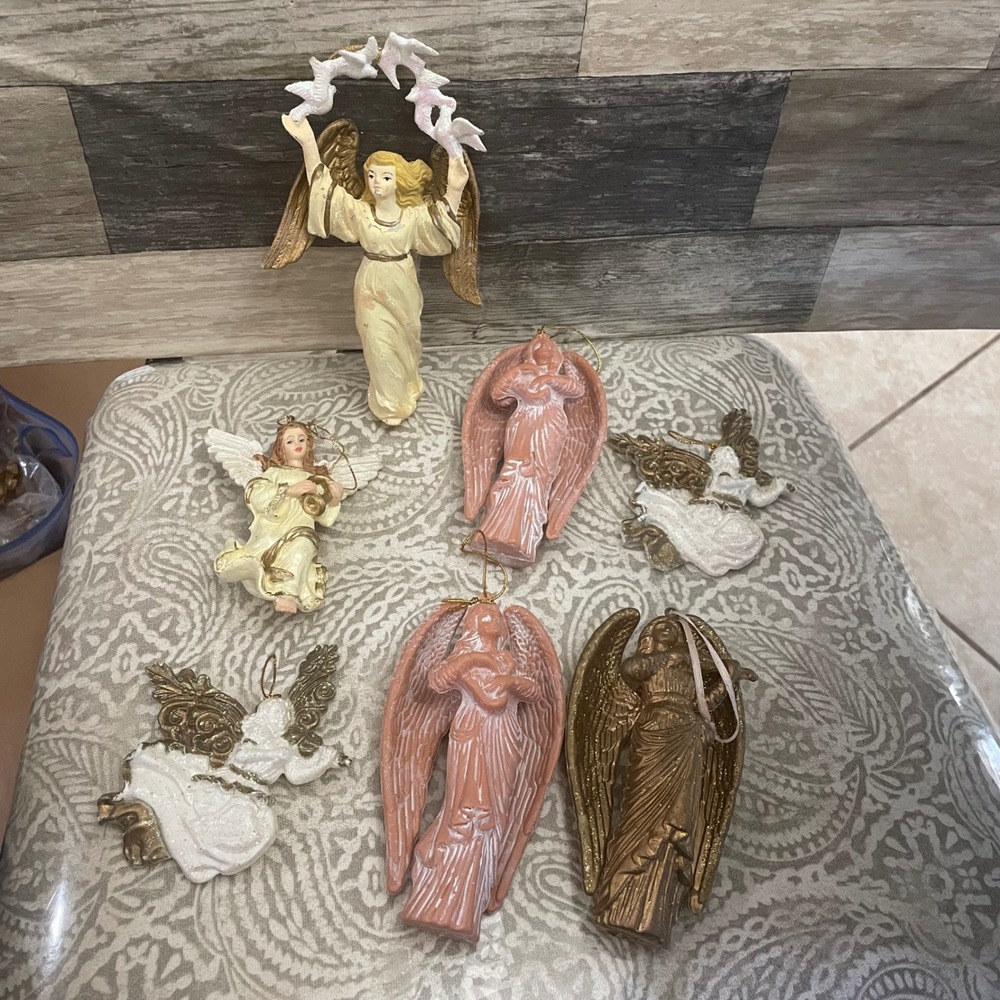 Vintage Style Angel Christmas Ornaments Lot of 7 Gold White Pink Doves Musical